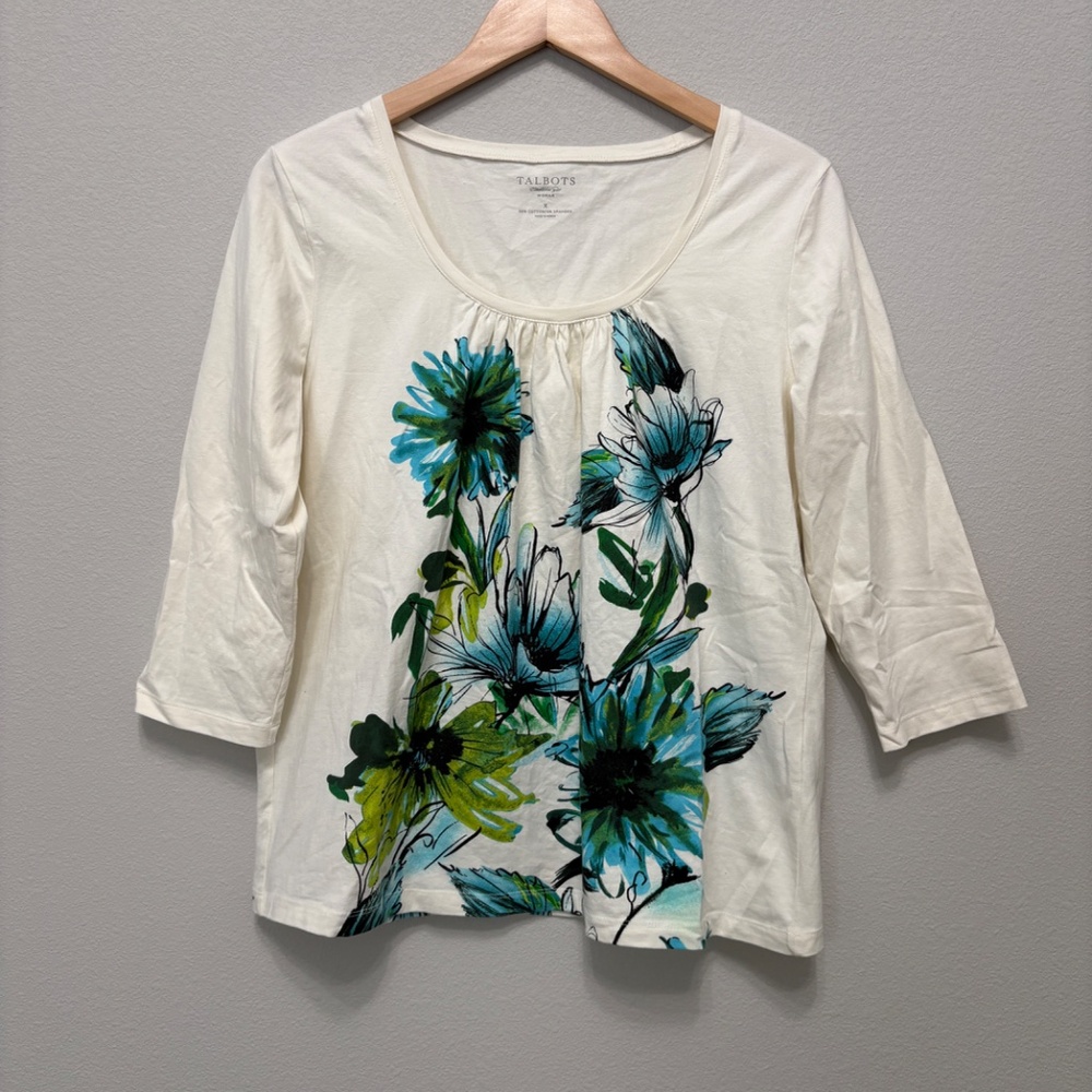 Talbots Floral Tee Woman X Ivory Blue Green 3/4 Sleeve Stretch Top EUC